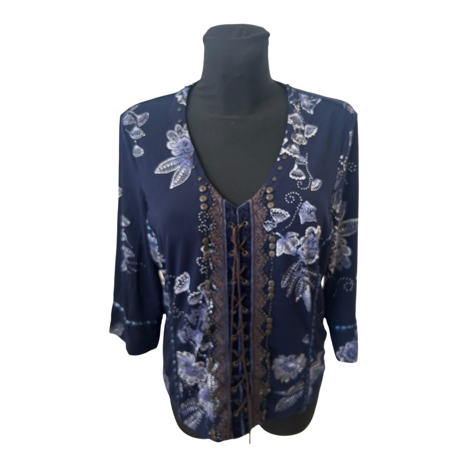 Bonita Bluse Damen Gr L Dunkelblau Blumen Viskose 3/4 Arm Elegant Chic