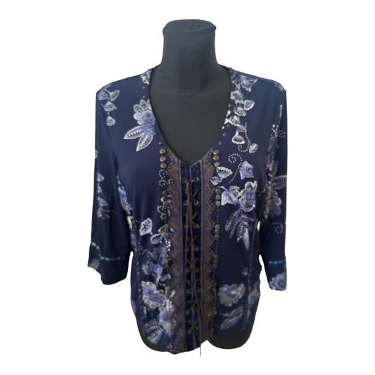 Bonita Bluse Damen Gr L Dunkelblau Blumen Viskose 3/4 Arm Elegant Chic