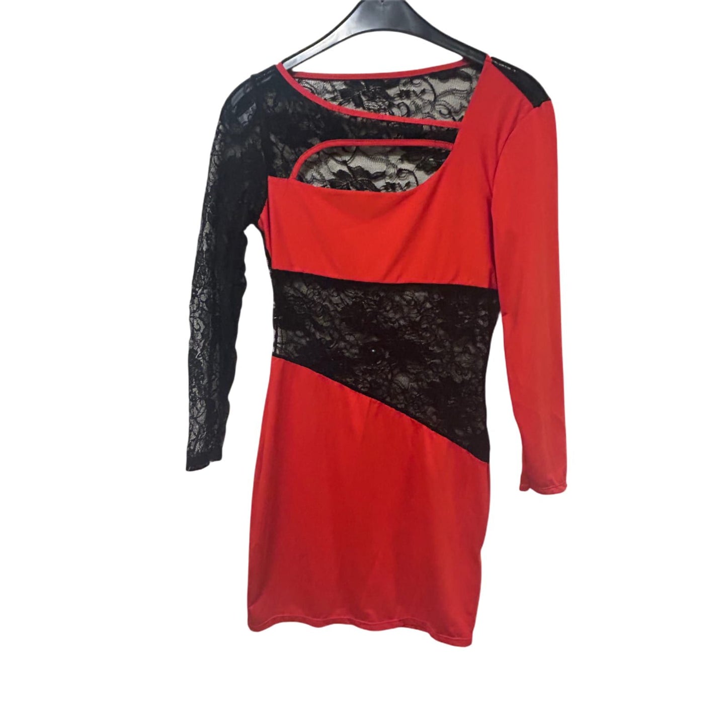 Kleid Damen Dress Gr. M Rot Schwarz Spitze Langarm Sexy Elegant Stretch Look Neu