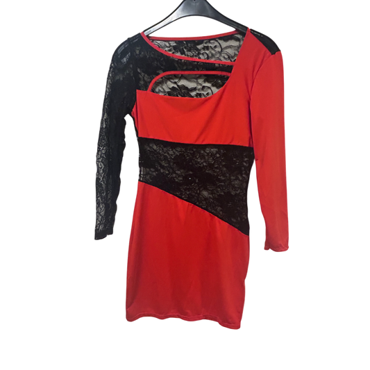 Kleid Damen Dress Gr. M Rot Schwarz Spitze Langarm Sexy Elegant Stretch Look Neu