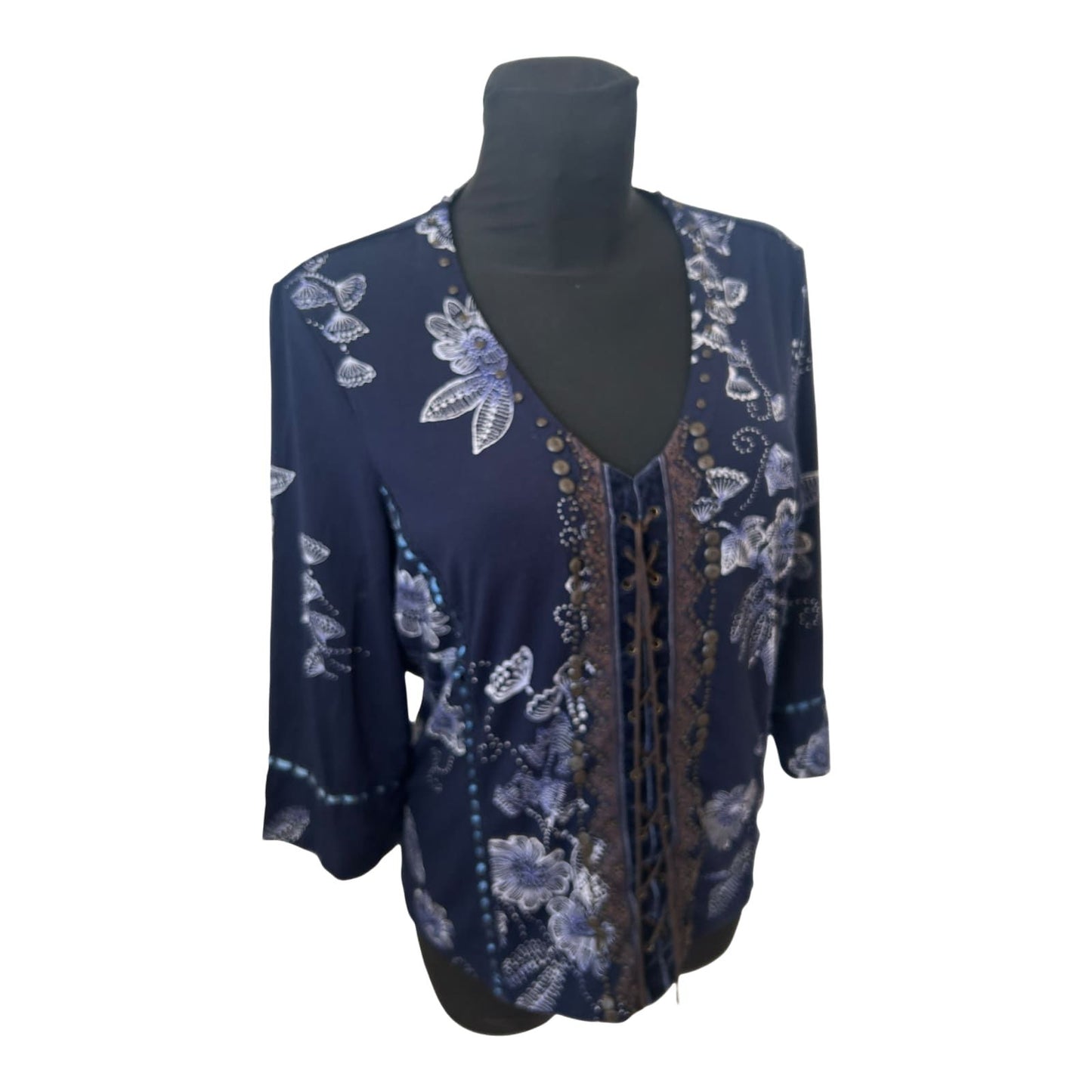 Bonita Bluse Damen Gr L Dunkelblau Blumen Viskose 3/4 Arm Elegant Chic