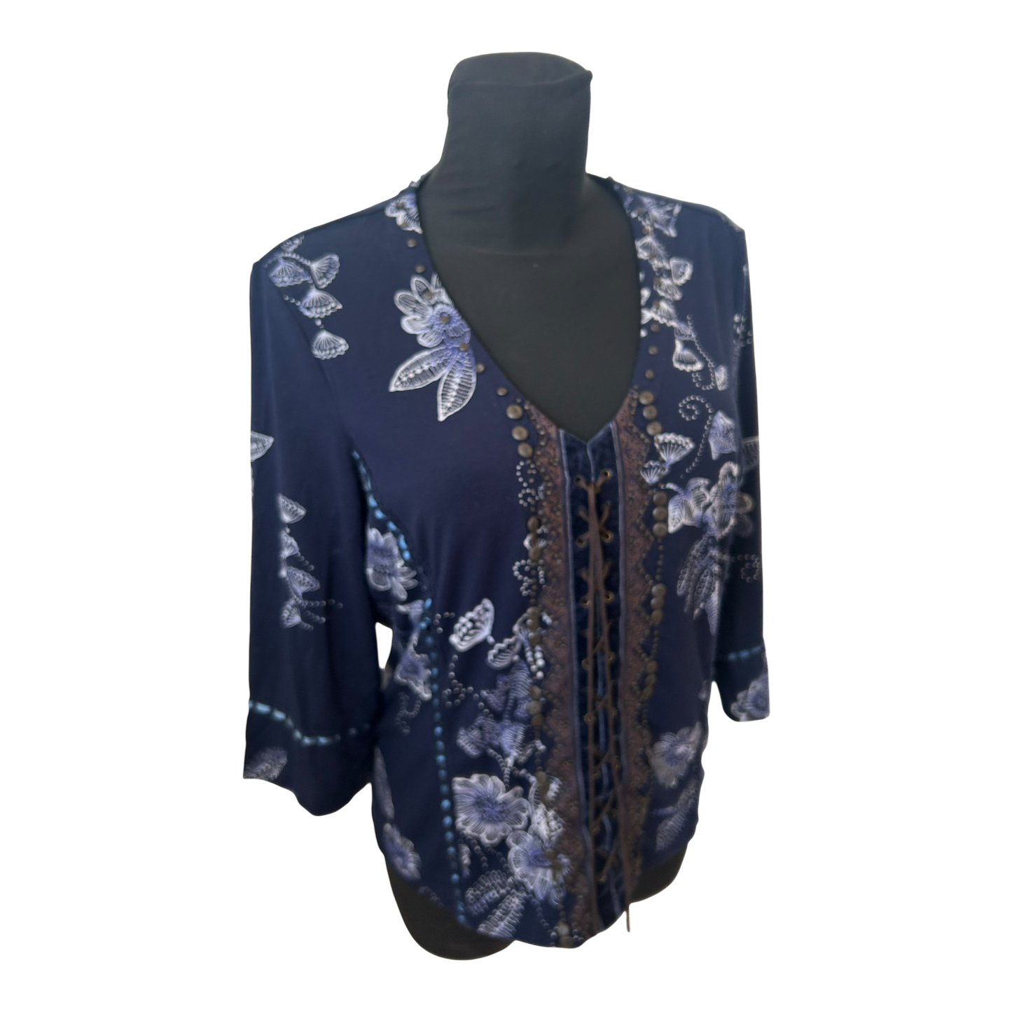 Bonita Bluse Damen Gr L Dunkelblau Blumen Viskose 3/4 Arm Elegant Chic