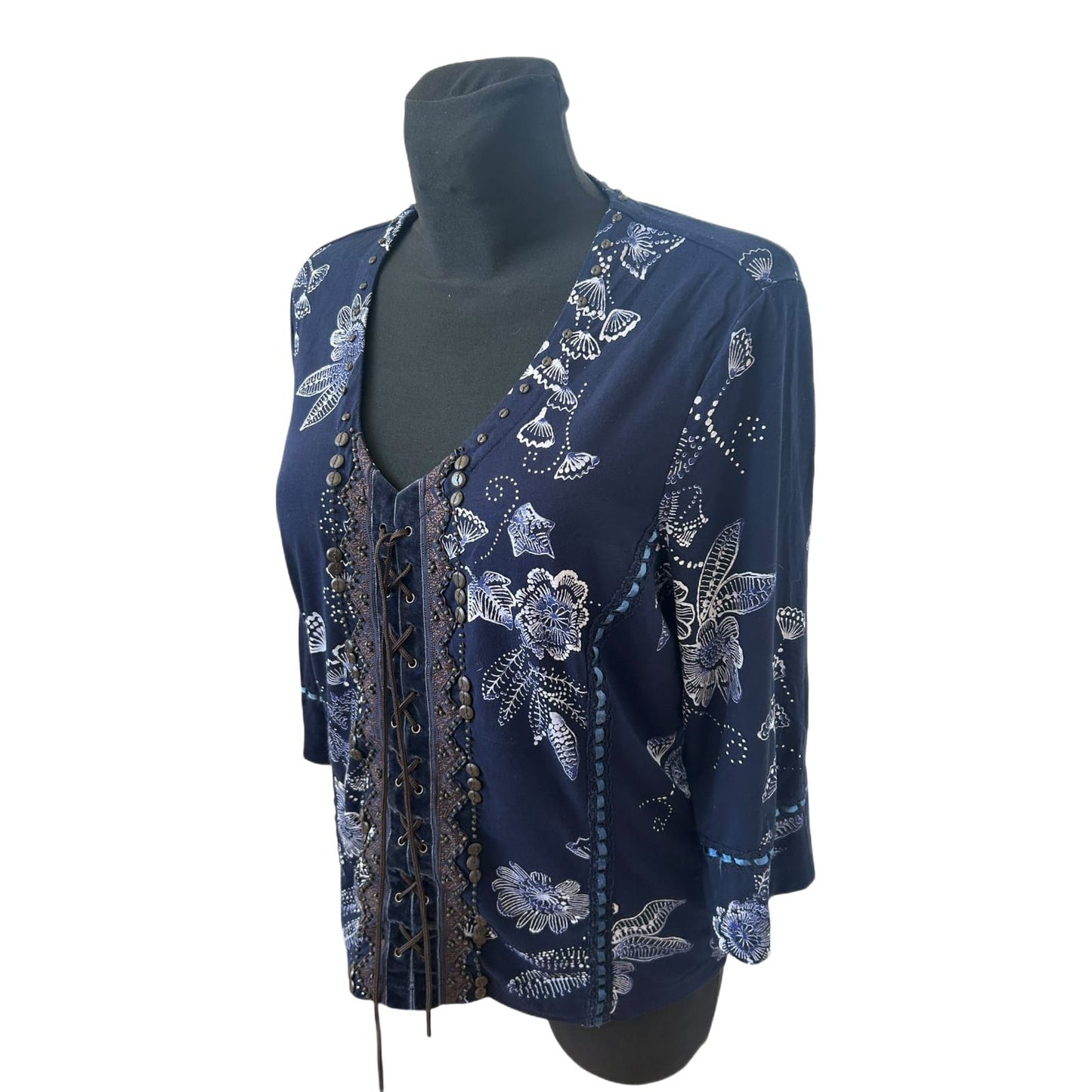 Bonita Bluse Damen Gr L Dunkelblau Blumen Viskose 3/4 Arm Elegant Chic