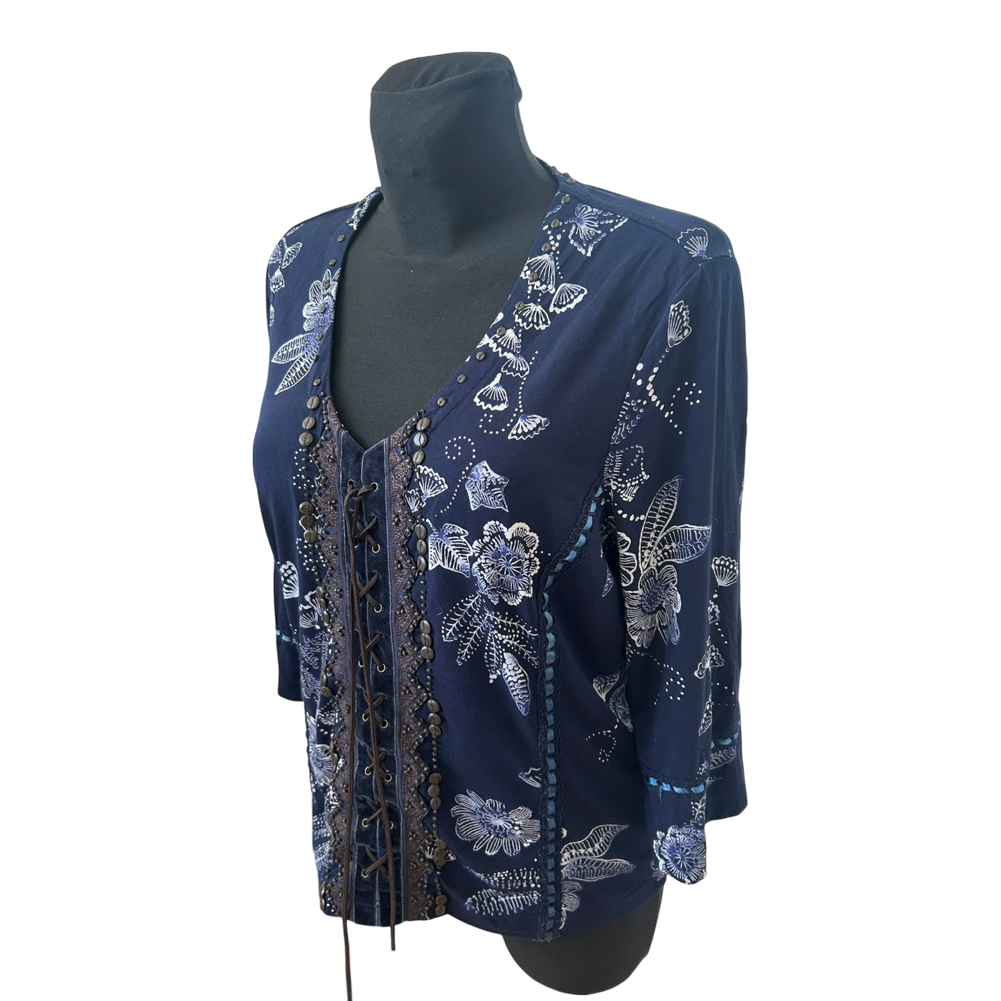 Bonita Bluse Damen Gr L Dunkelblau Blumen Viskose 3/4 Arm Elegant Chic