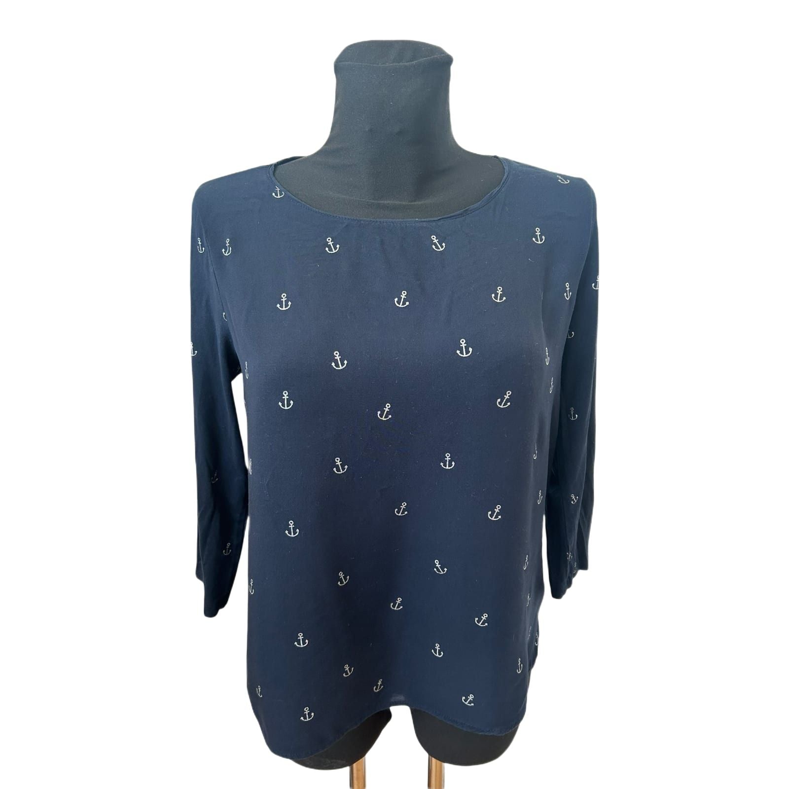 Street One Shirt Damen Gr 38 Blau Ankerprint 3/4 Arm Viskose Maritim