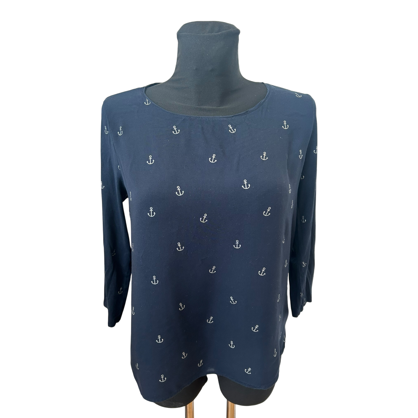 Street One Shirt Damen Gr 38 Blau Ankerprint 3/4 Arm Viskose Maritim