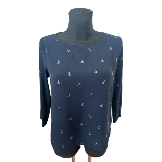 Street One Shirt Damen Gr 38 Blau Ankerprint 3/4 Arm Viskose Maritim