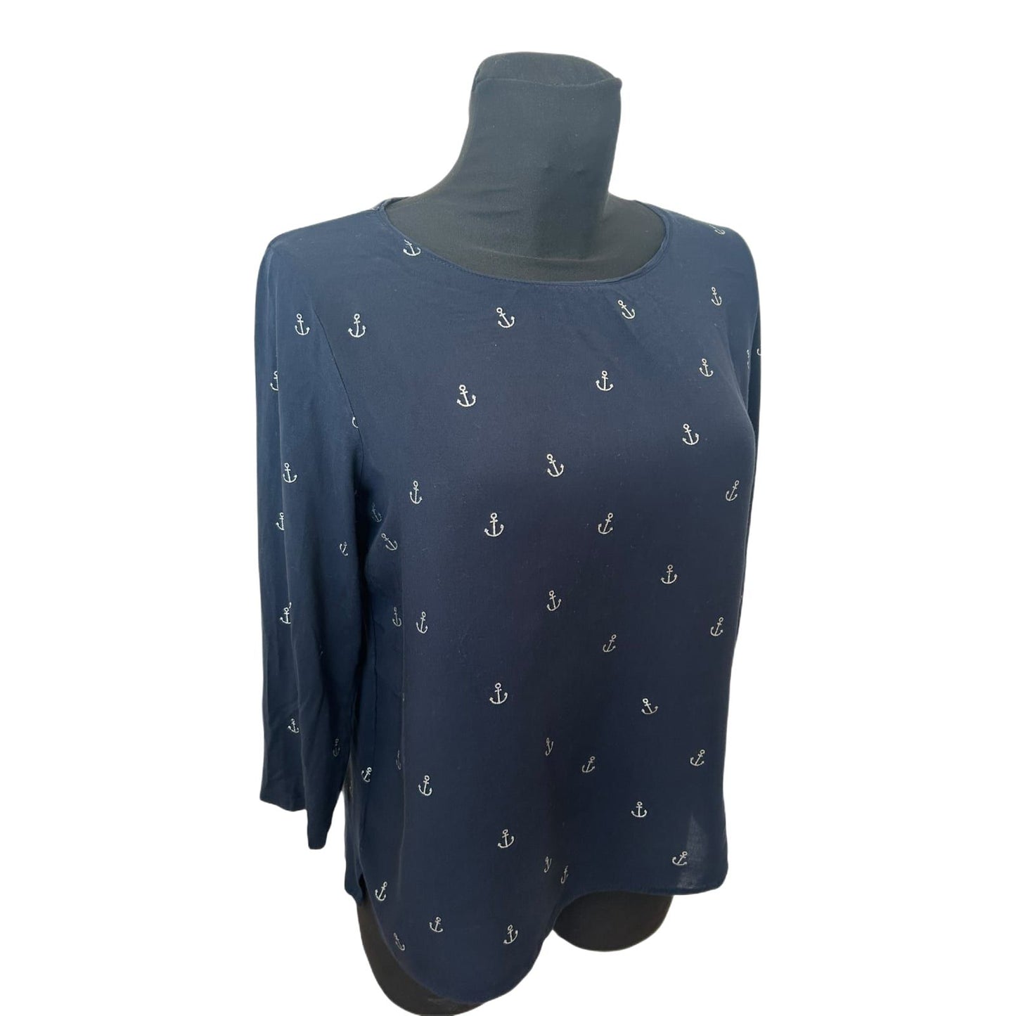 Street One Shirt Damen Gr 38 Blau Ankerprint 3/4 Arm Viskose Maritim