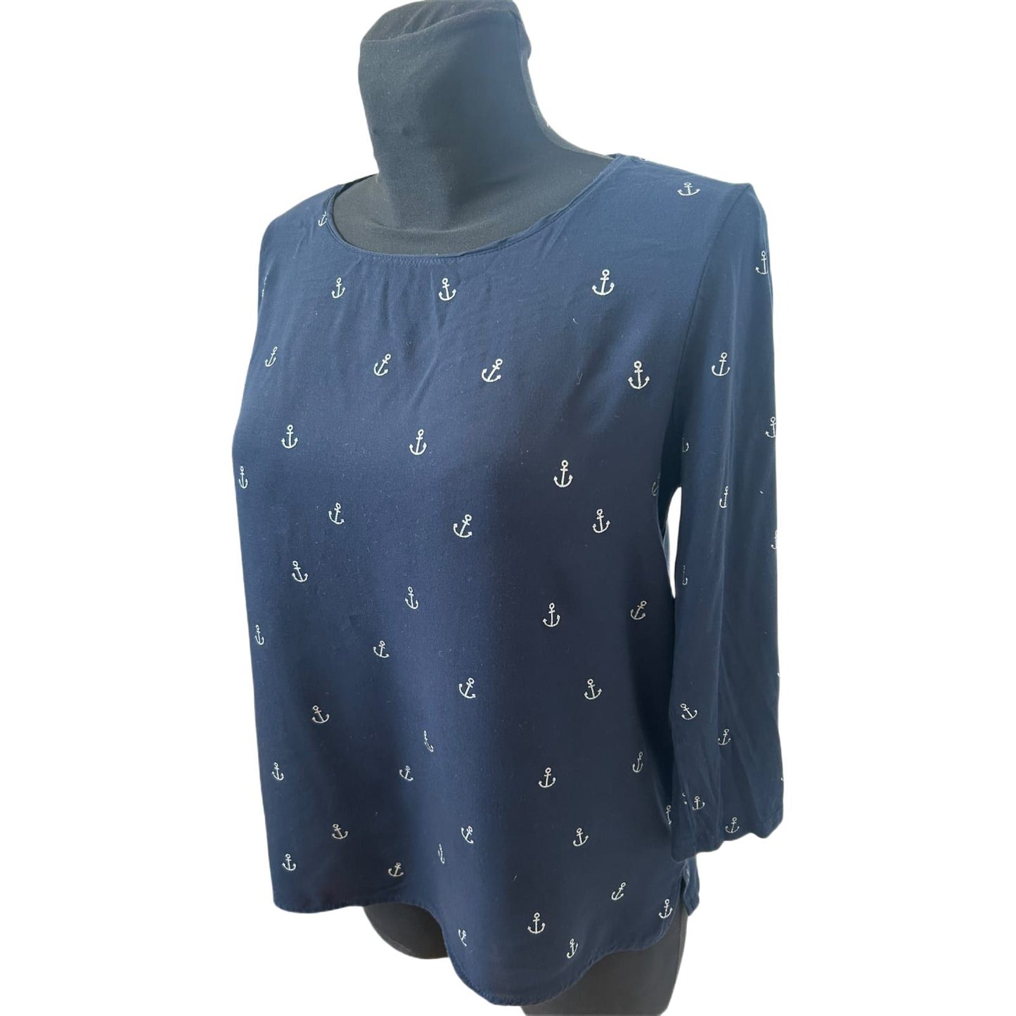 Street One Shirt Damen Gr 38 Blau Ankerprint 3/4 Arm Viskose Maritim