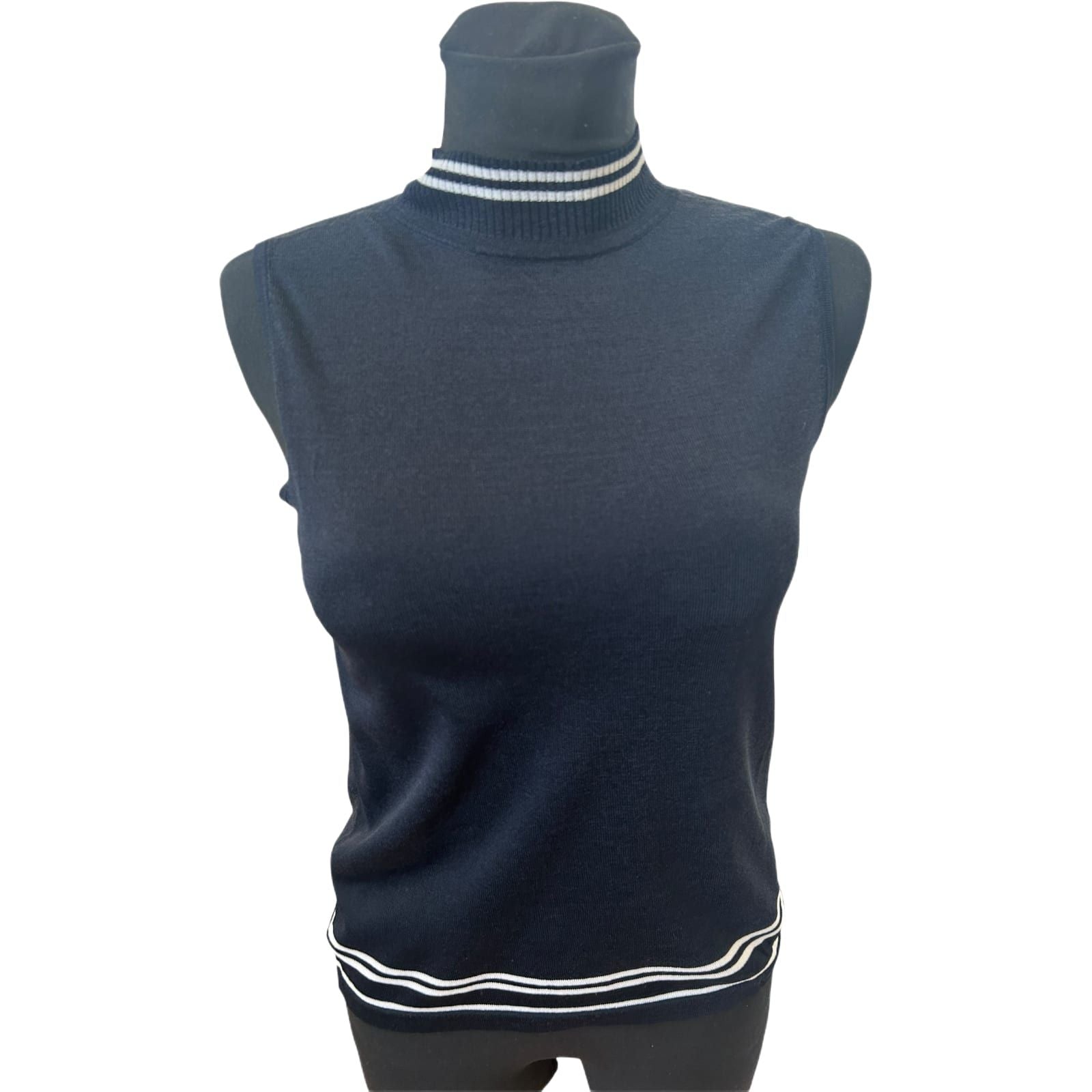 Taifun Top Damen Gr 40 Dunkelblau Stehkragen Ärmellos Stretch Elegant