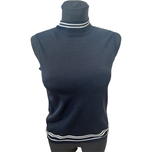 Taifun Top Damen Gr 40 Dunkelblau Stehkragen Ärmellos Stretch Elegant