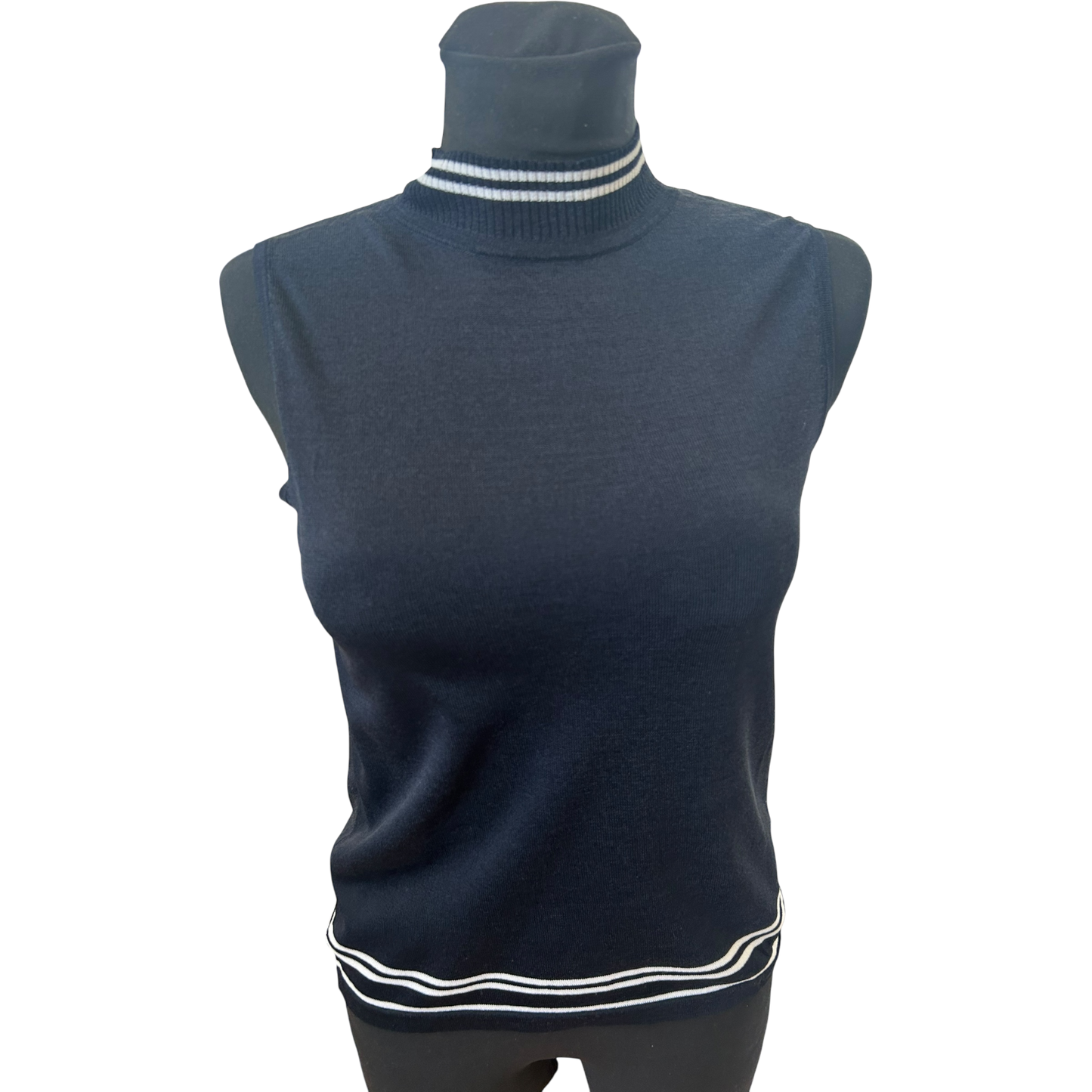 Taifun Top Damen Gr 40 Dunkelblau Stehkragen Ärmellos Stretch Elegant