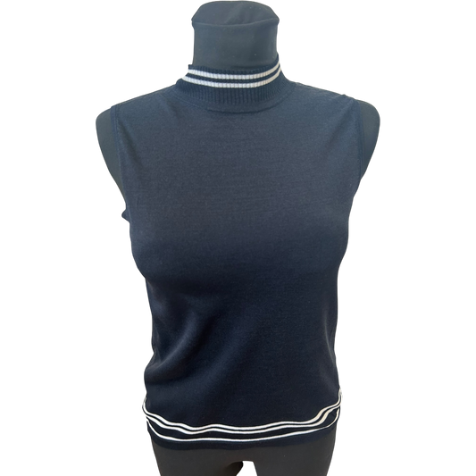 Taifun Top Damen Gr 40 Dunkelblau Stehkragen Ärmellos Stretch Elegant