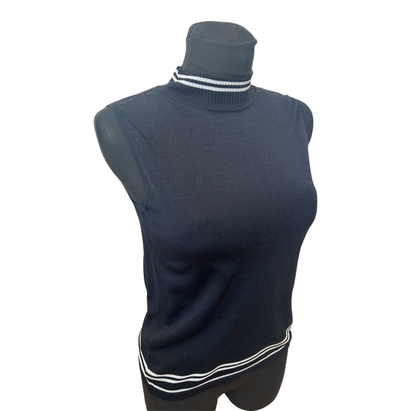 Taifun Top Damen Gr 40 Dunkelblau Stehkragen Ärmellos Stretch Elegant