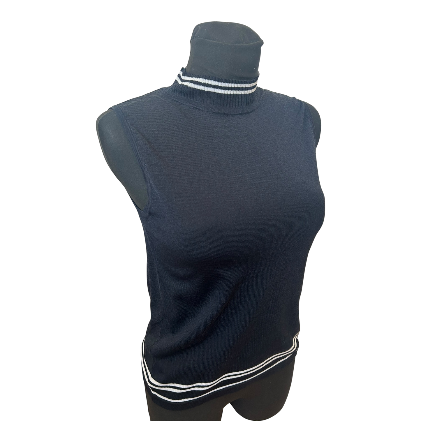 Taifun Top Damen Gr 40 Dunkelblau Stehkragen Ärmellos Stretch Elegant