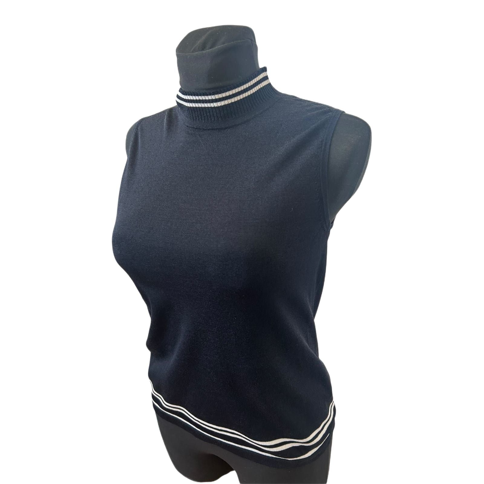 Taifun Top Damen Gr 40 Dunkelblau Stehkragen Ärmellos Stretch Elegant