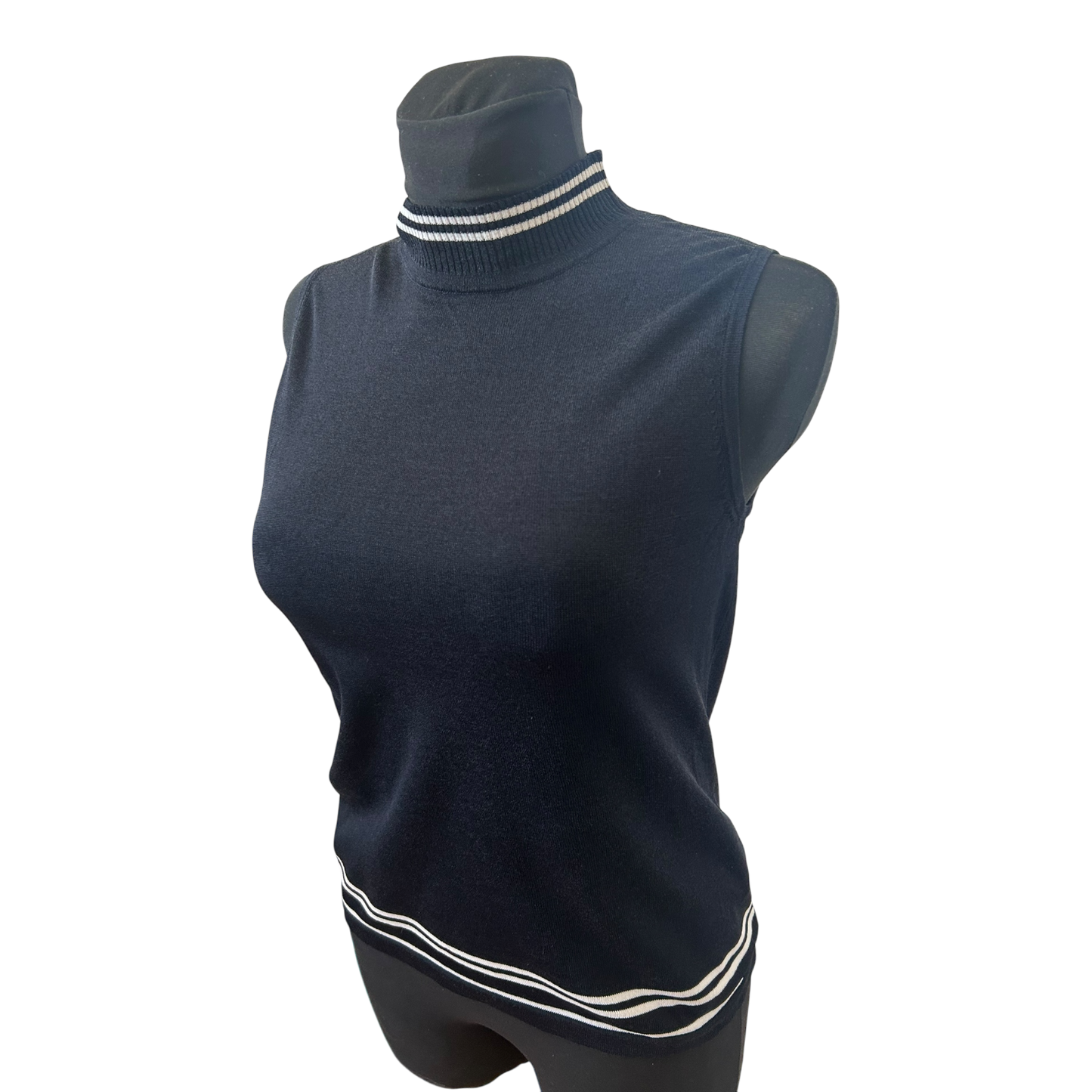 Taifun Top Damen Gr 40 Dunkelblau Stehkragen Ärmellos Stretch Elegant