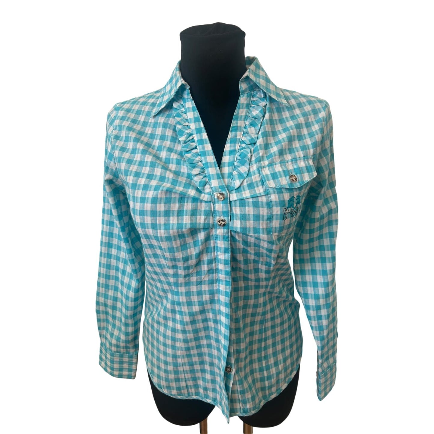 Stockerpoint Bluse Damen Gr 36 Türkis Weiß Kariert Trachtenlook