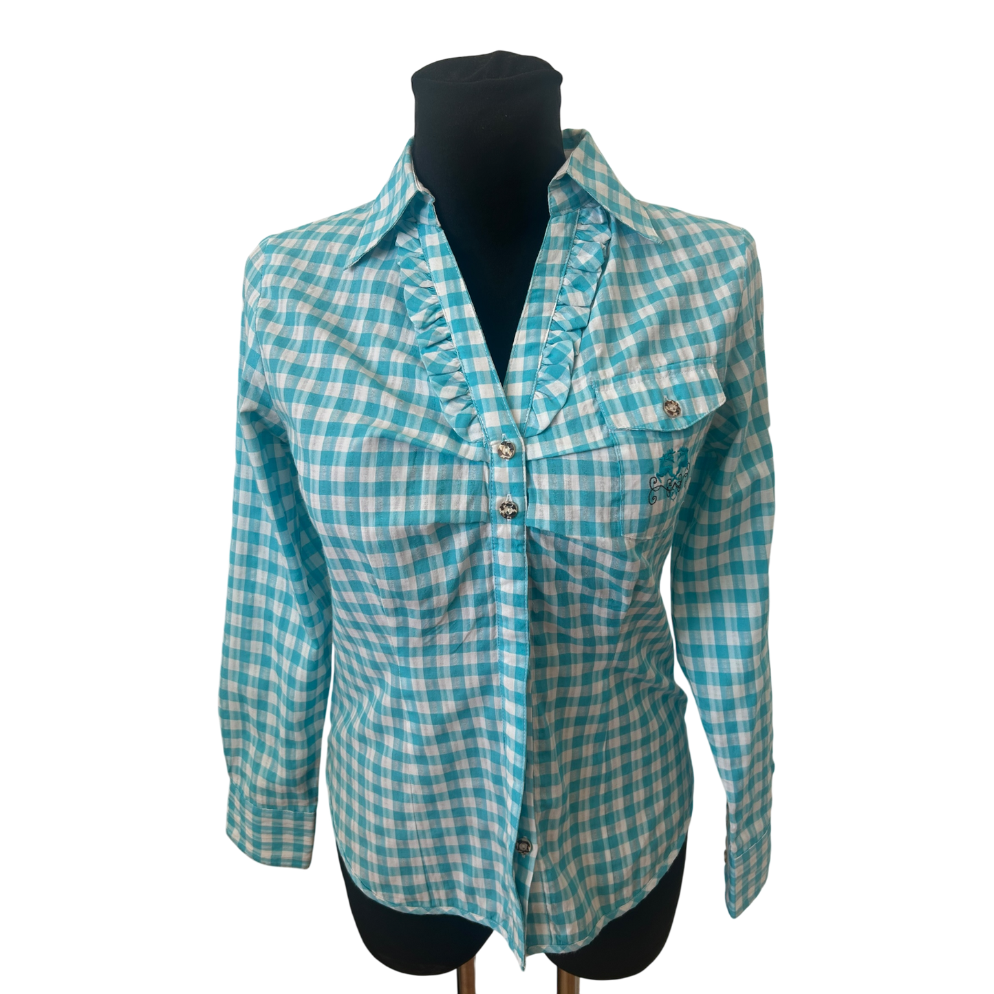 Stockerpoint Bluse Damen Gr 36 Türkis Weiß Kariert Trachtenlook