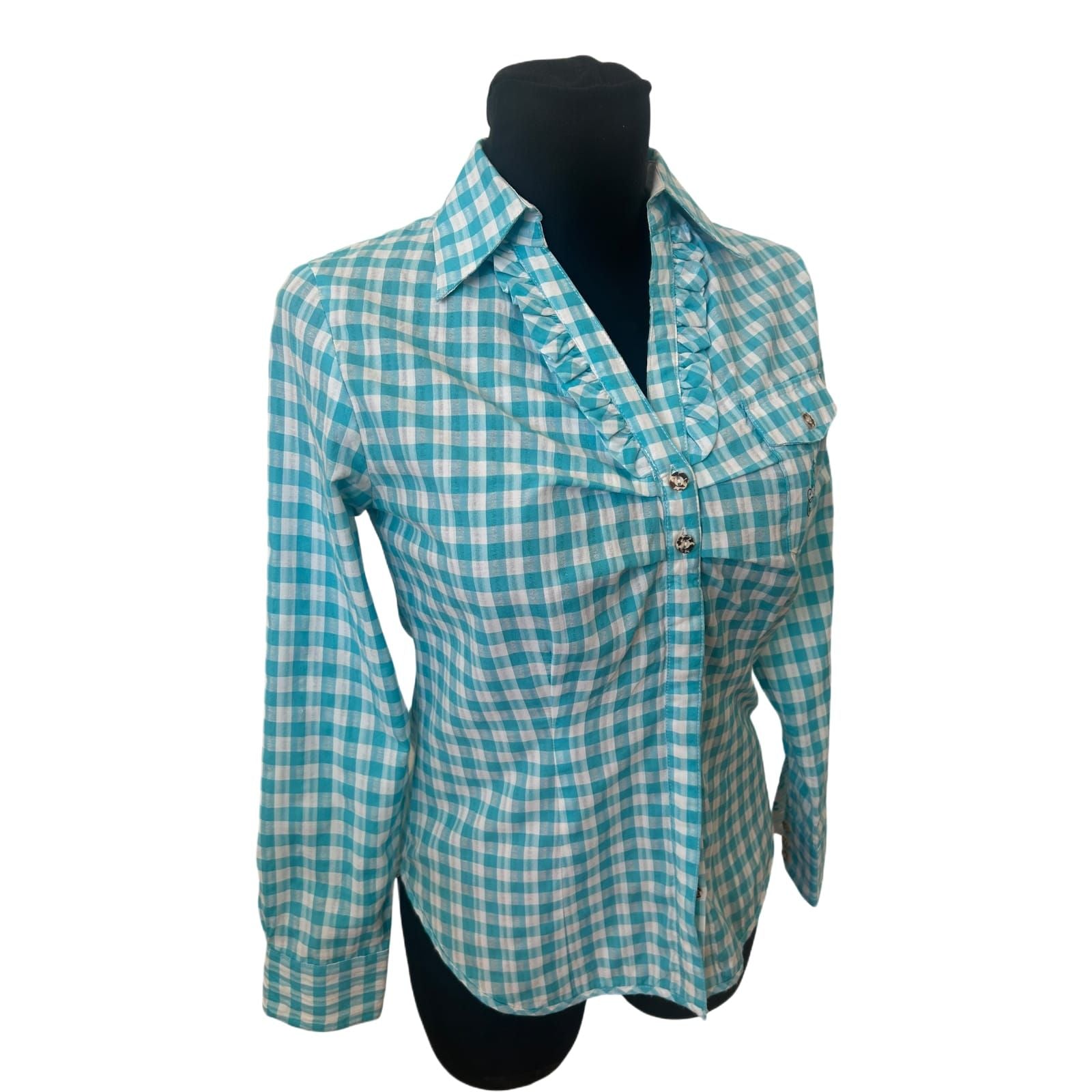 Stockerpoint Bluse Damen Gr 36 Türkis Weiß Kariert Trachtenlook