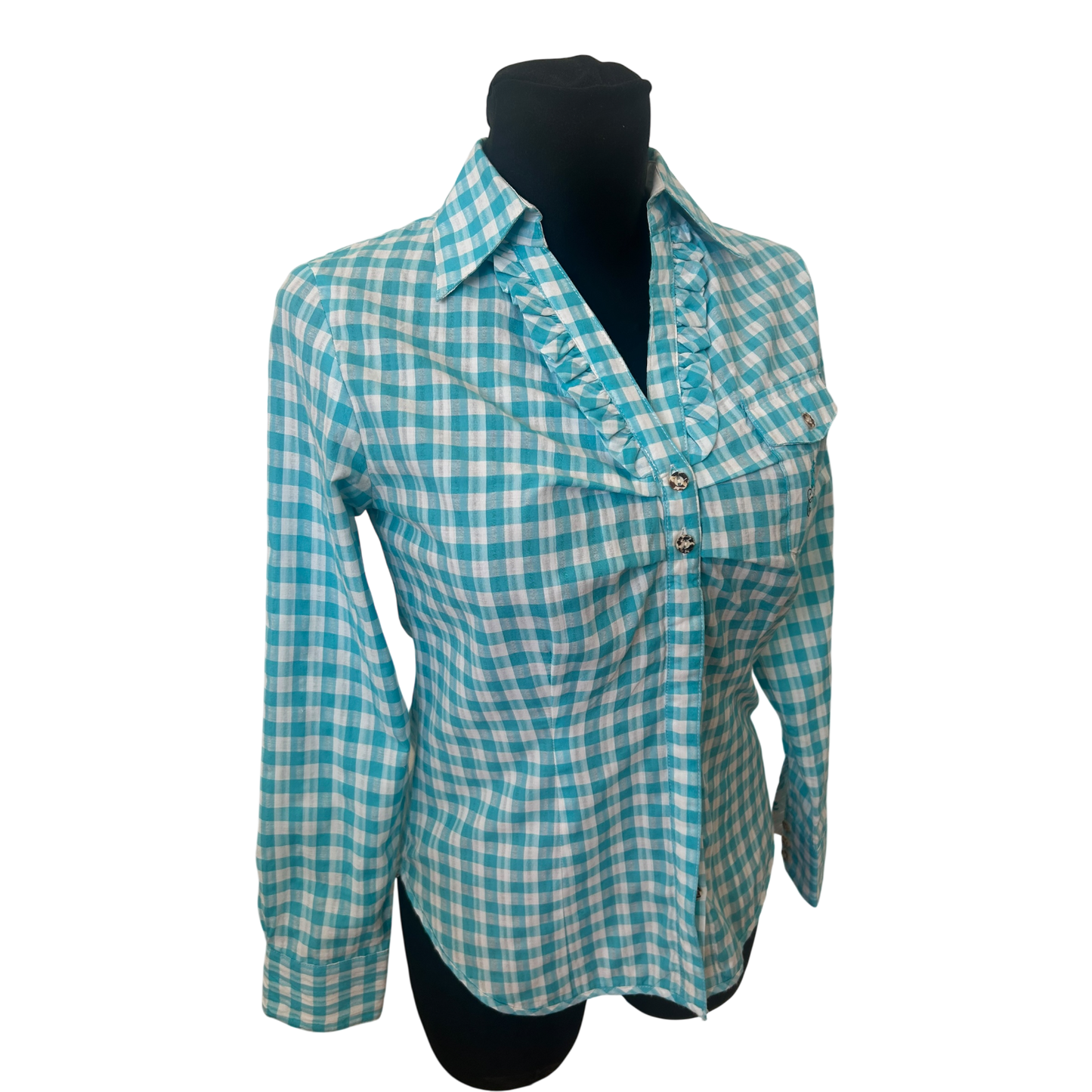 Stockerpoint Bluse Damen Gr 36 Türkis Weiß Kariert Trachtenlook