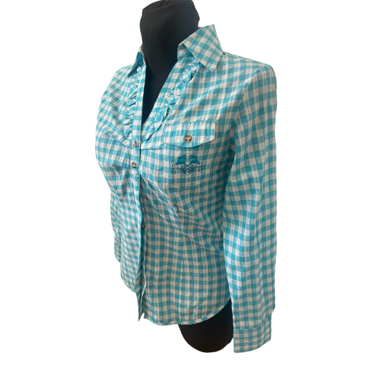 Stockerpoint Bluse Damen Gr 36 Türkis Weiß Kariert Trachtenlook