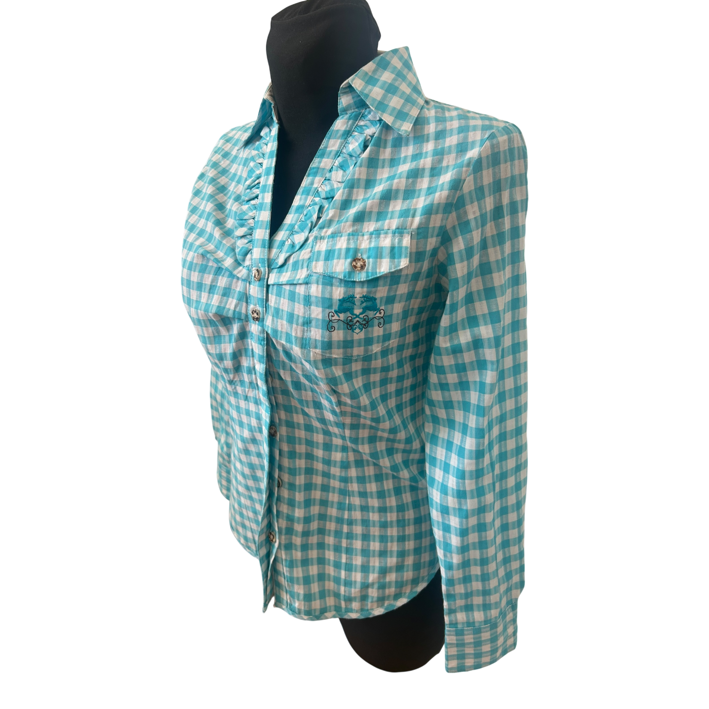 Stockerpoint Bluse Damen Gr 36 Türkis Weiß Kariert Trachtenlook