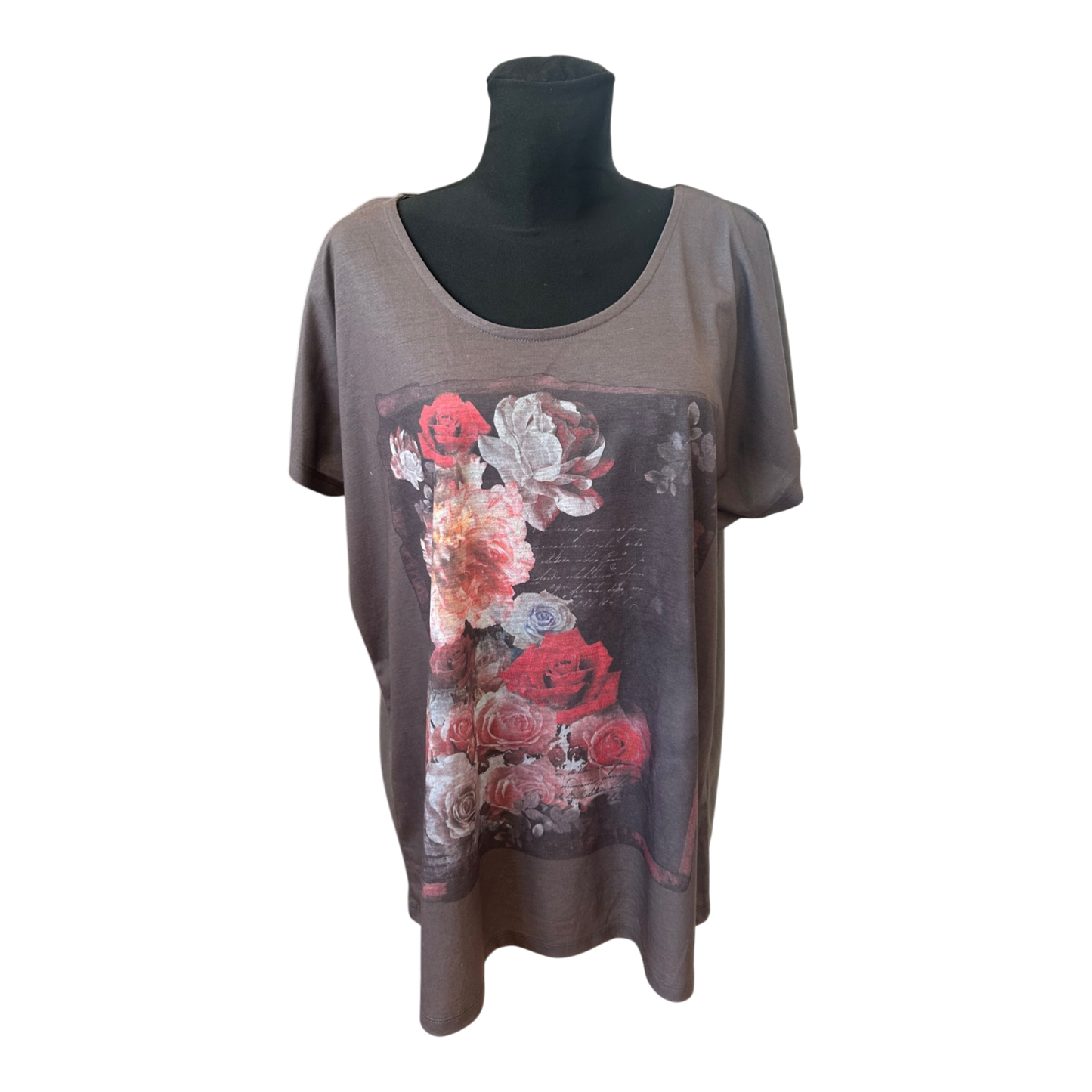 Damen Shirt Gr 50 Braun Oversize Blumen Print Sommer Weit Geschnitten