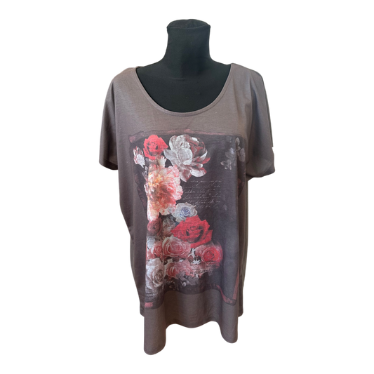 Damen Shirt Gr 50 Braun Oversize Blumen Print Sommer Weit Geschnitten