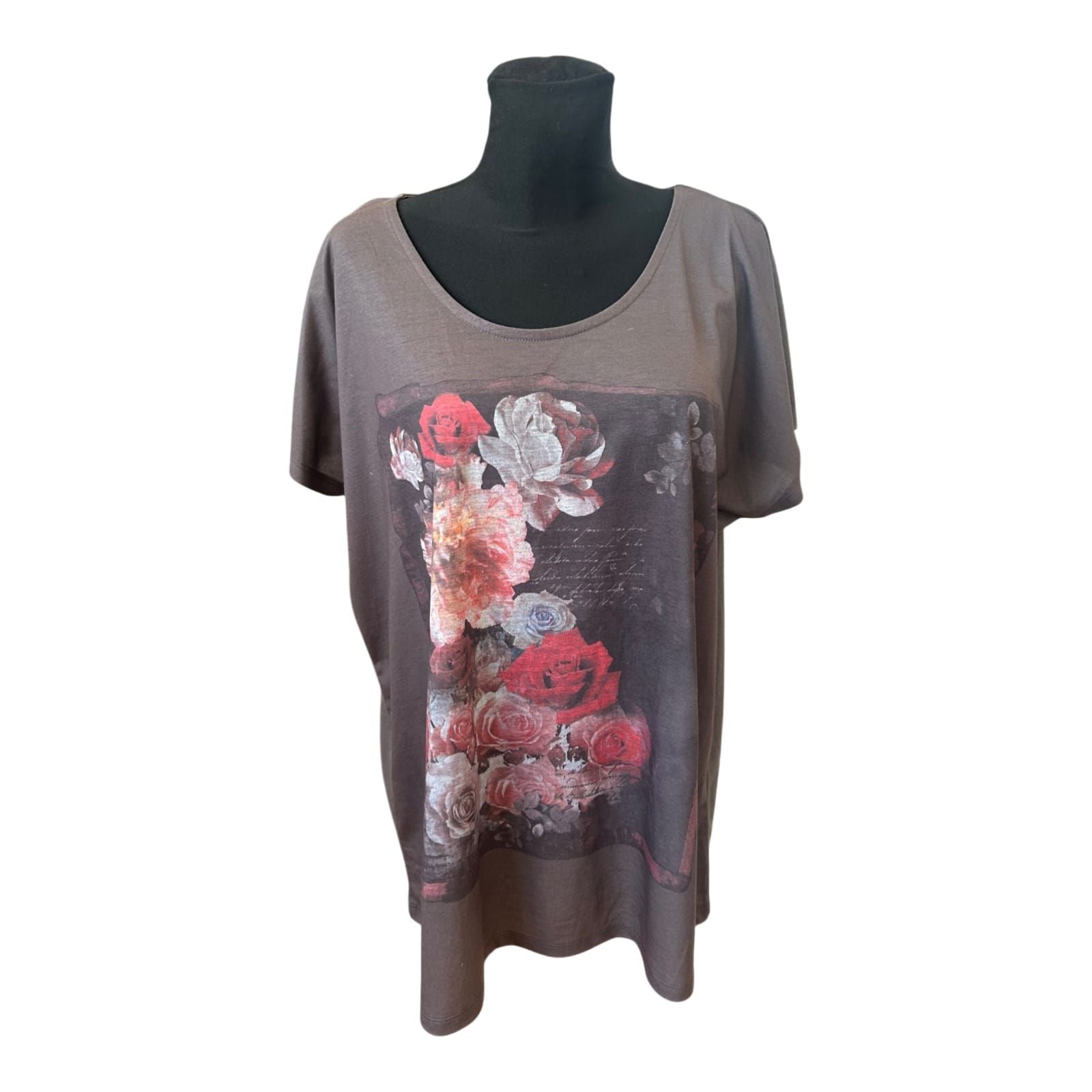 Damen Shirt Gr 50 Braun Oversize Blumen Print Sommer Weit Geschnitten
