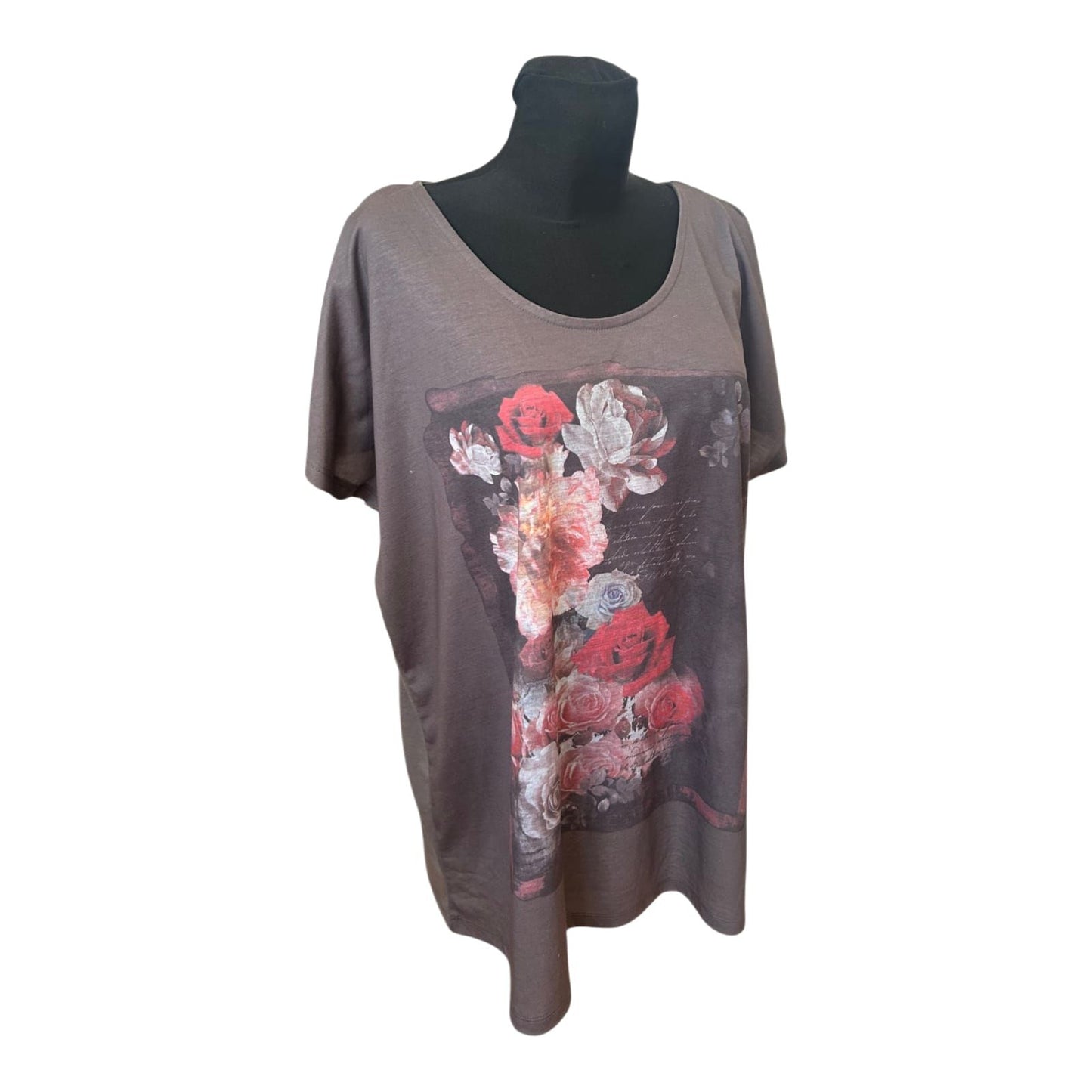 Damen Shirt Gr 50 Braun Oversize Blumen Print Sommer Weit Geschnitten