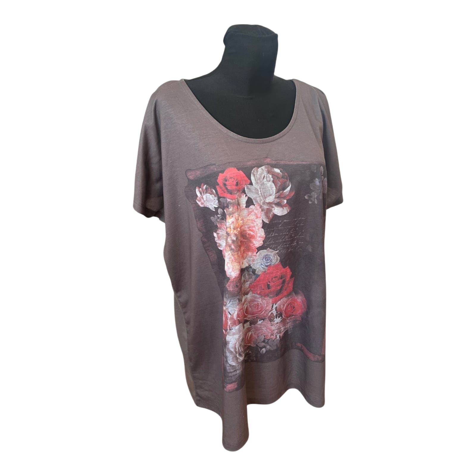 Damen Shirt Gr 50 Braun Oversize Blumen Print Sommer Weit Geschnitten