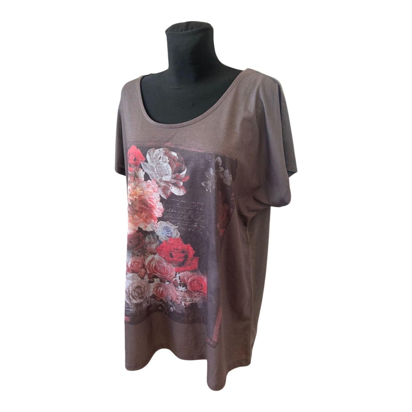 Damen Shirt Gr 50 Braun Oversize Blumen Print Sommer Weit Geschnitten