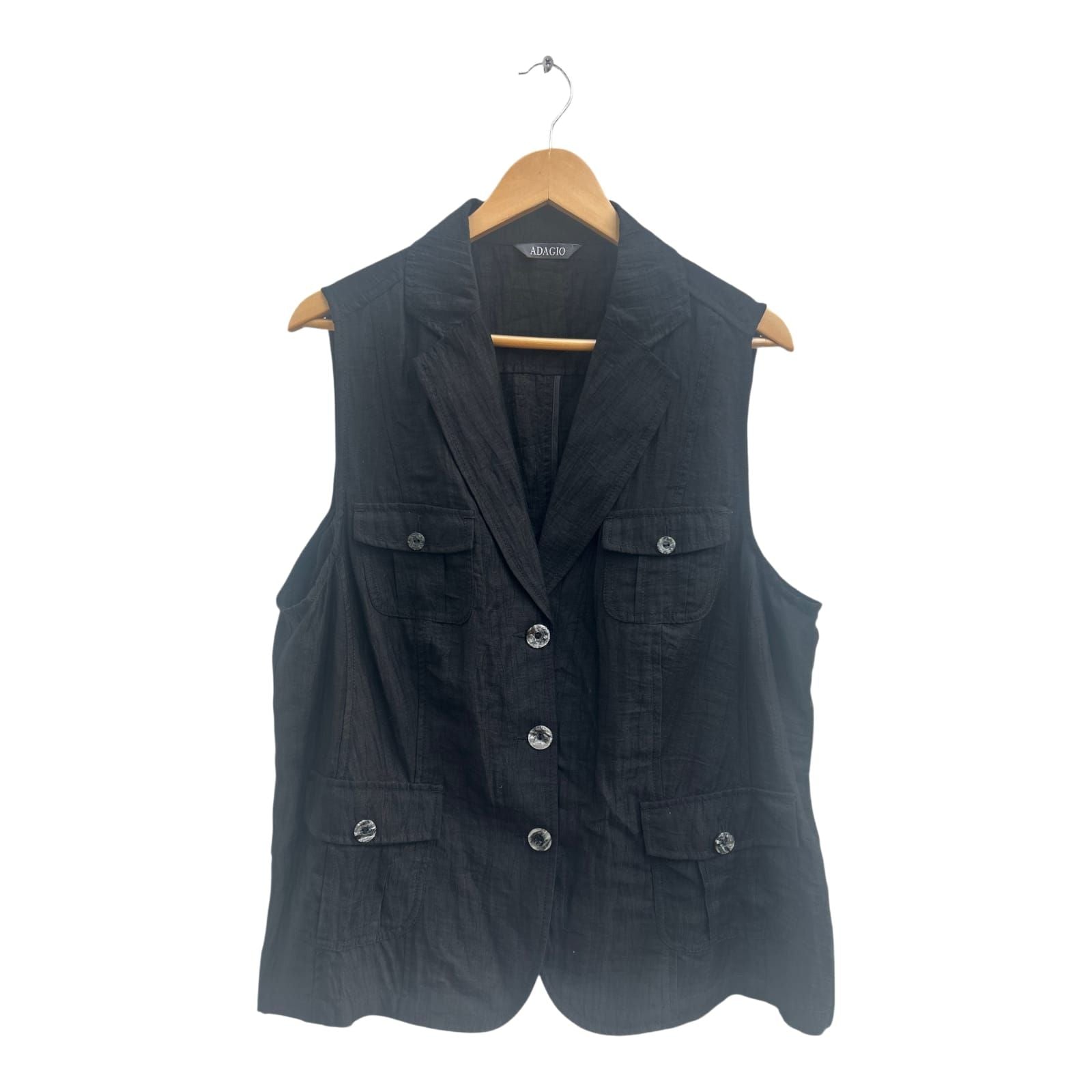Adagio Weste Damen Gr 48 Schwarz Leinen Viskose Sommer Elegant Knöpfe