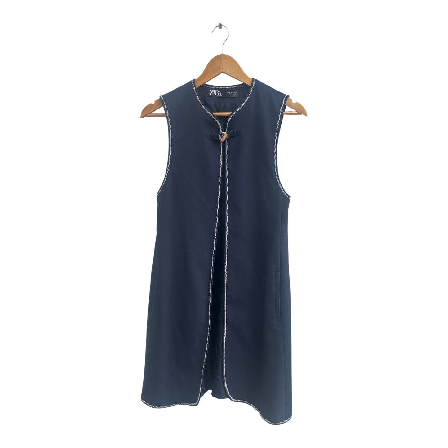 Zara Weste Damen Gr XS Dunkelblau Baumwolle Elegant Lang Hochwertig Büro Look