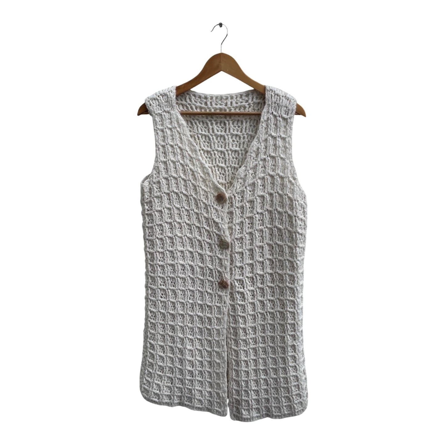 Strickweste Damen Gr XL Creme Wolle Lang Warm Perlmuttknöpfe Vintage Elegant
