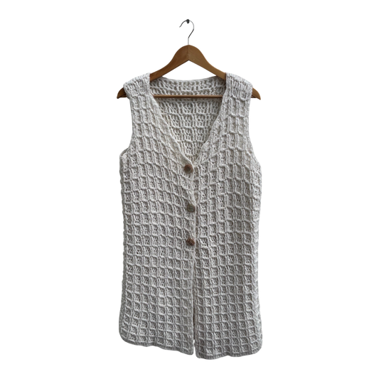 Strickweste Damen Gr XL Creme Wolle Lang Warm Perlmuttknöpfe Vintage Elegant