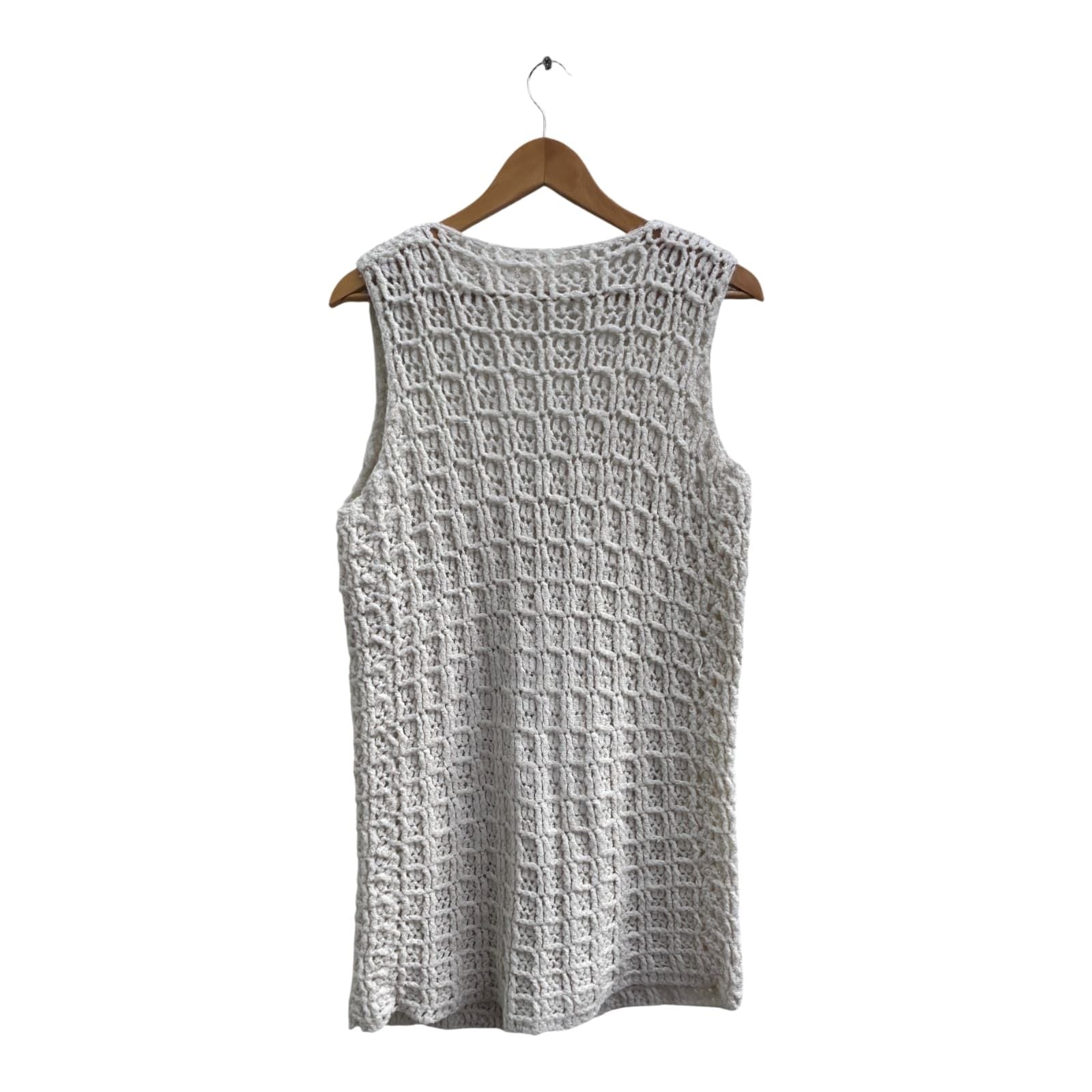 Strickweste Damen Gr XL Creme Wolle Lang Warm Perlmuttknöpfe Vintage Elegant