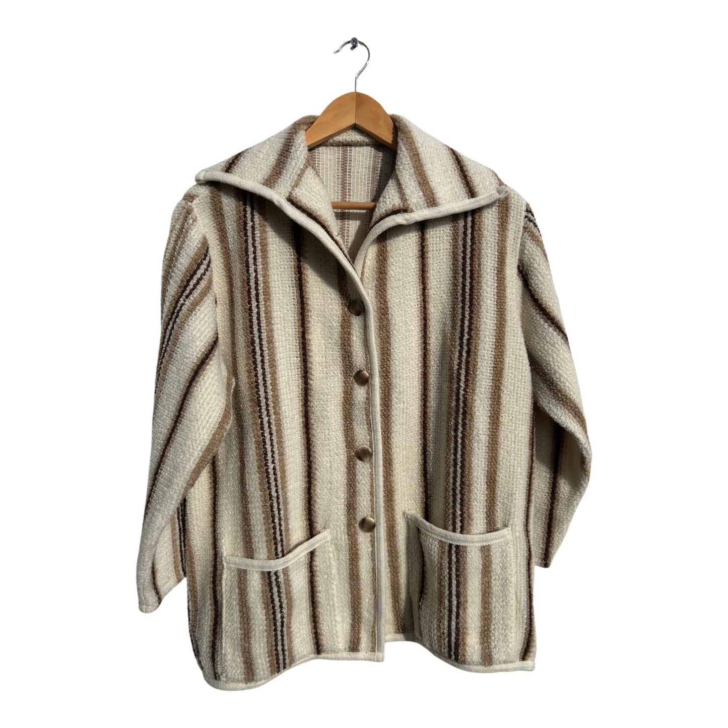 Damen Jacke Gr 46 Beige Braun Gestreift Wollmix Kuschelig Weich Vintage
