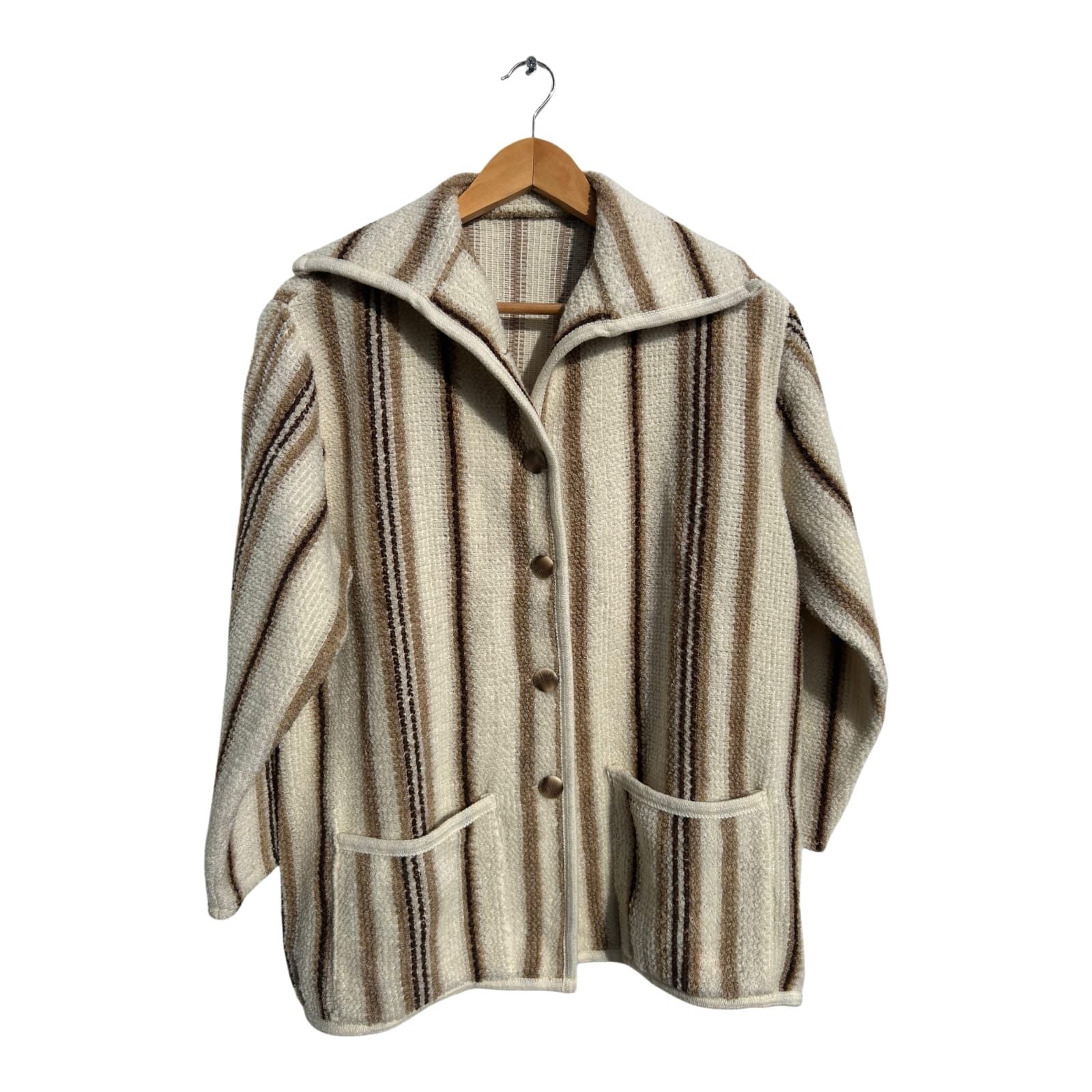 Damen Jacke Gr 46 Beige Braun Gestreift Wollmix Kuschelig Weich Vintage