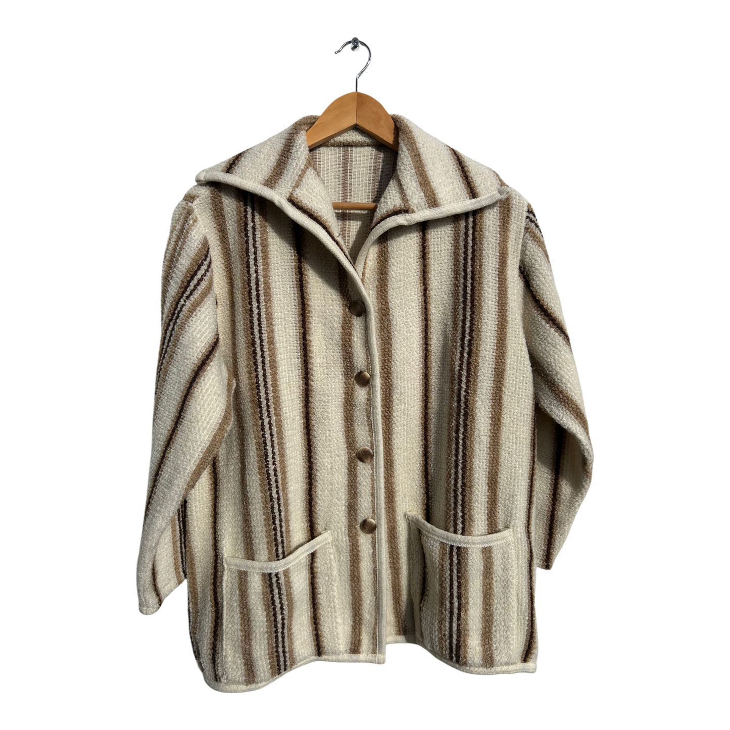 Damen Jacke Gr 46 Beige Braun Gestreift Wollmix Kuschelig Weich Vintage