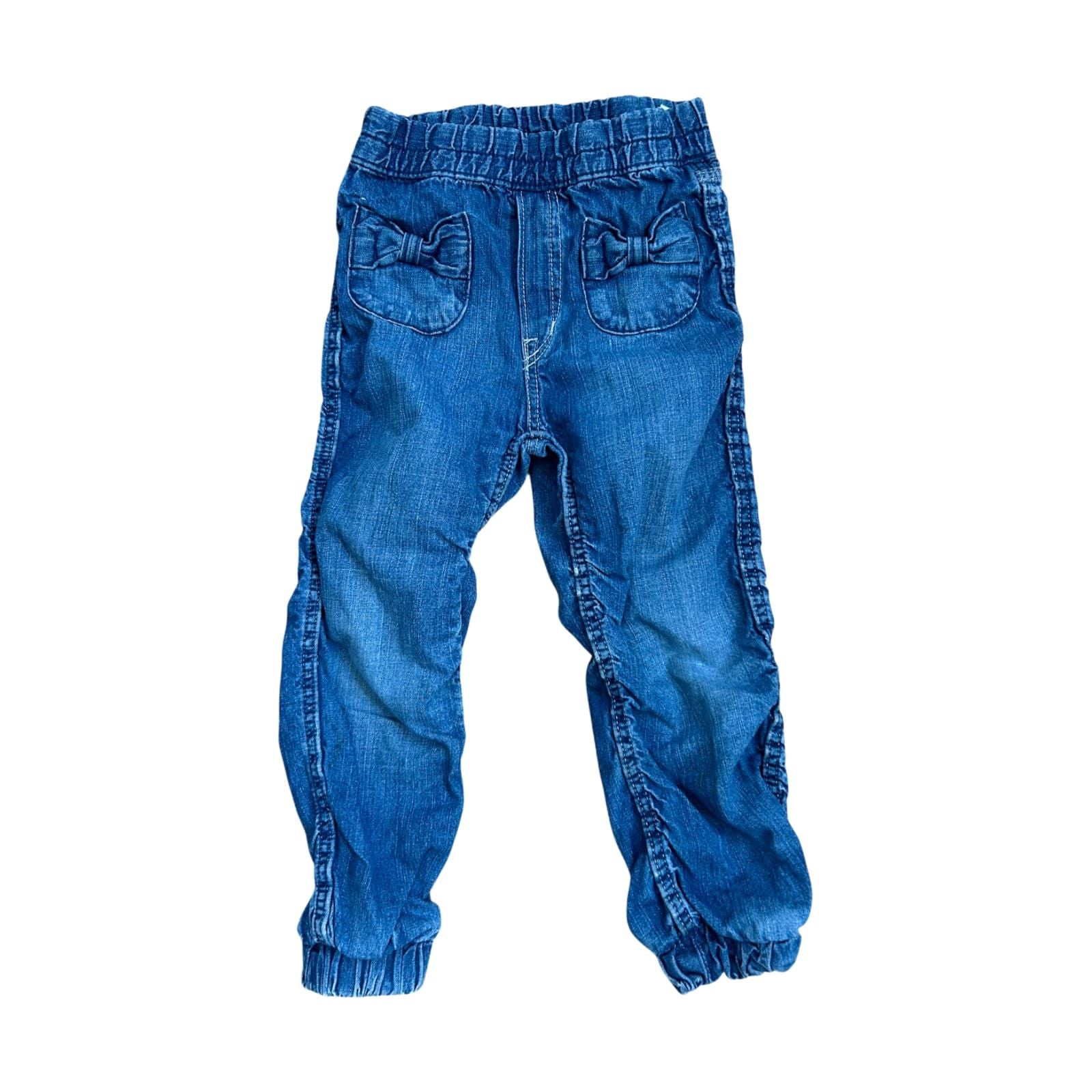 H&M Mädchen Jeans Gr 104 Blau Denim Baumwolle Schleifen Elastischer Bund