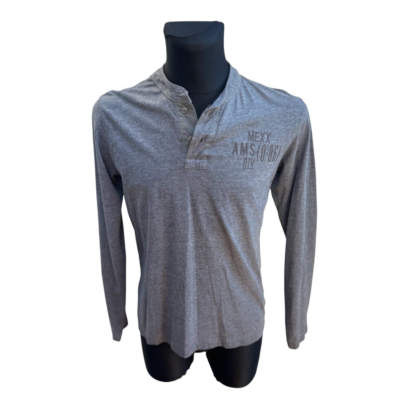 Mexx Langarmshirt Herren Gr M Grau Baumwolle Henley Style Knopfleiste Freizeit