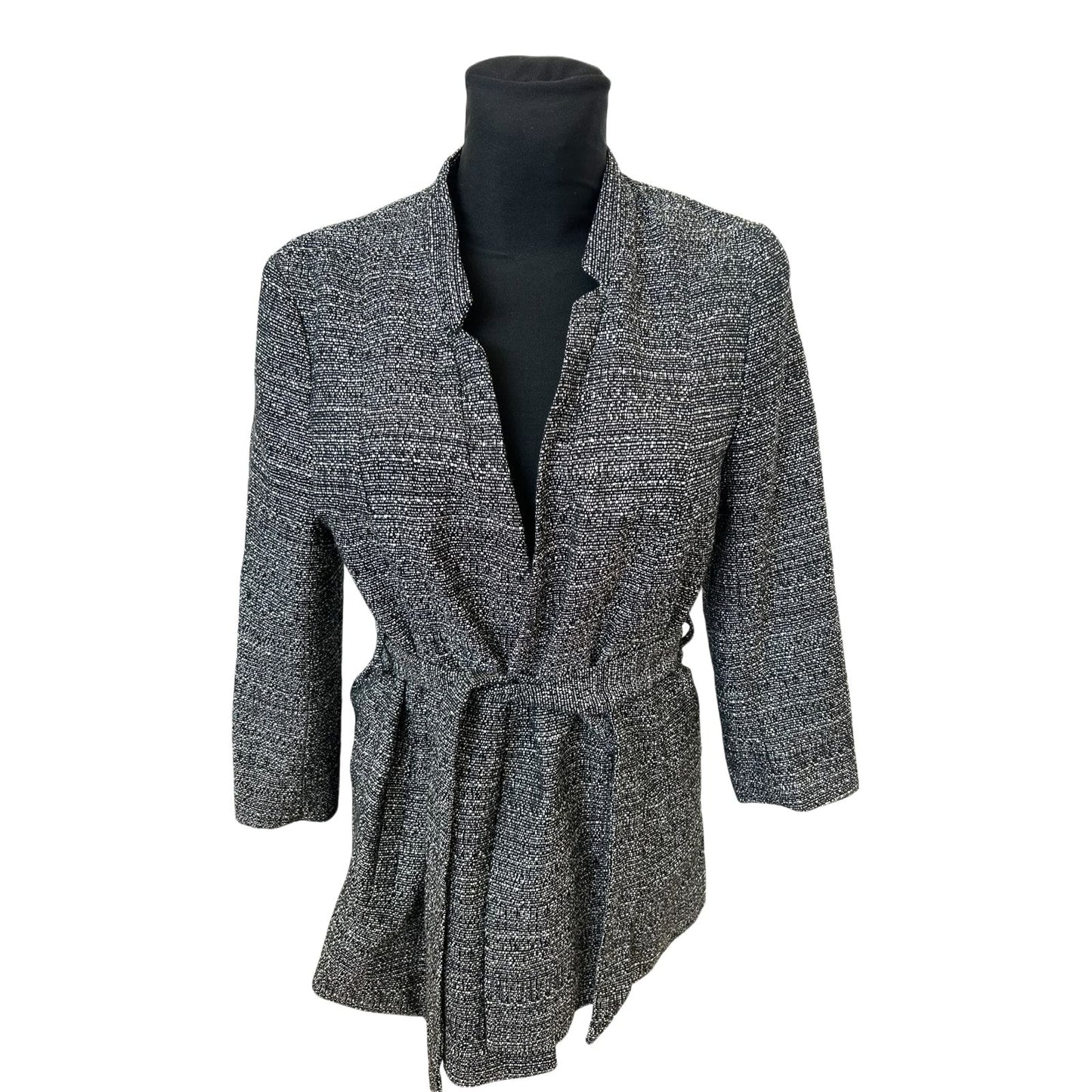 H&M Blazer Damen Gr 42 Schwarz Weiss meliert Gürtel 3/4-Arm Elegant Chic
