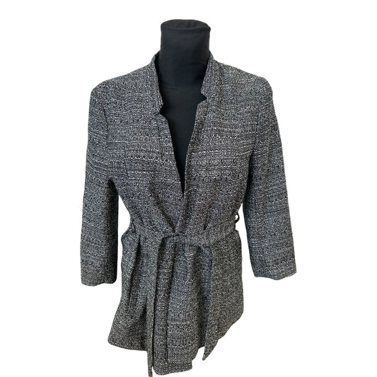 H&M Blazer Damen Gr 42 Schwarz Weiss meliert Gürtel 3/4-Arm Elegant Chic