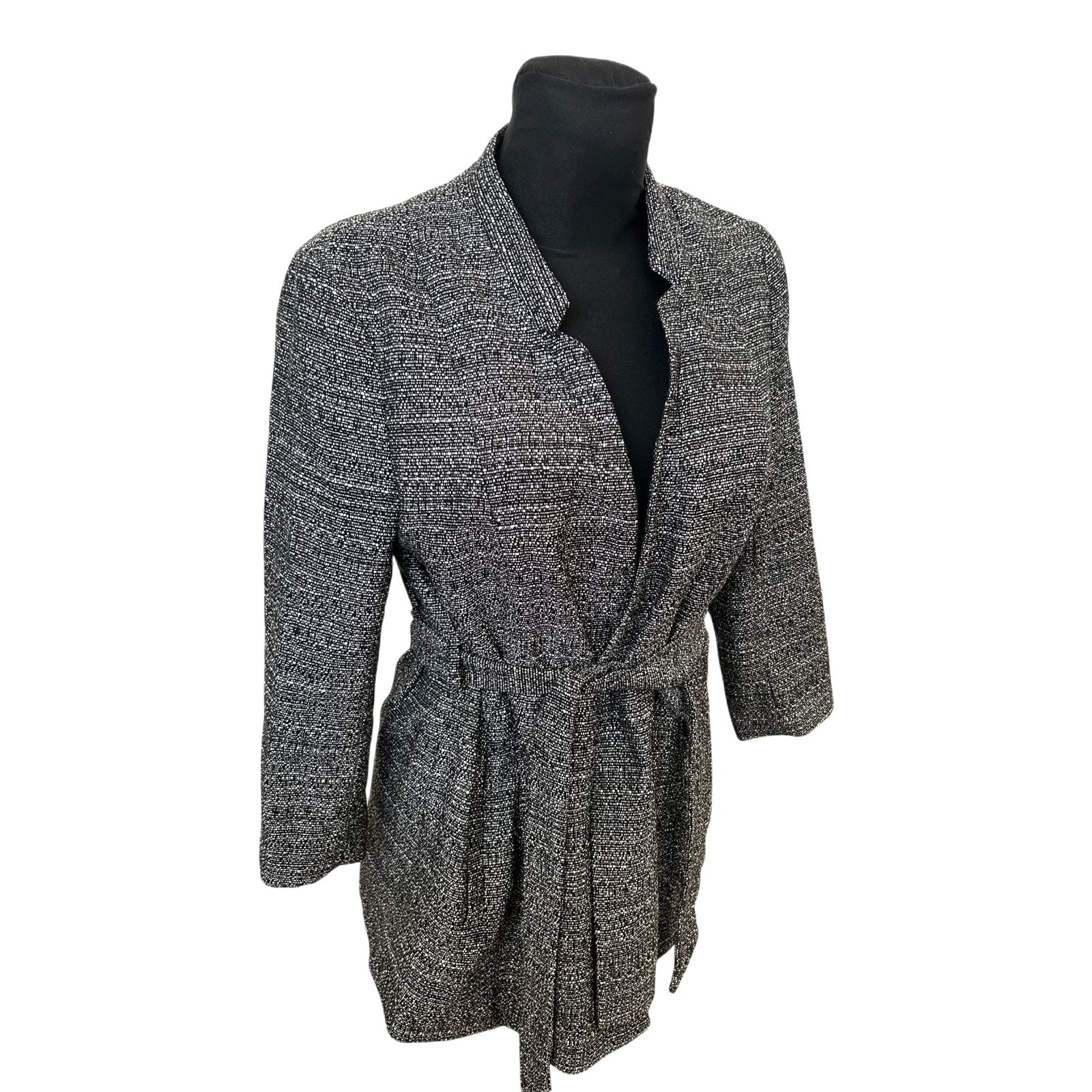 H&M Blazer Damen Gr 42 Schwarz Weiss meliert Gürtel 3/4-Arm Elegant Chic
