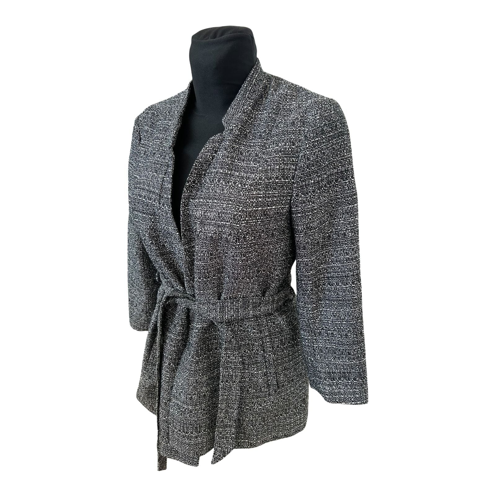 H&M Blazer Damen Gr 42 Schwarz Weiss meliert Gürtel 3/4-Arm Elegant Chic