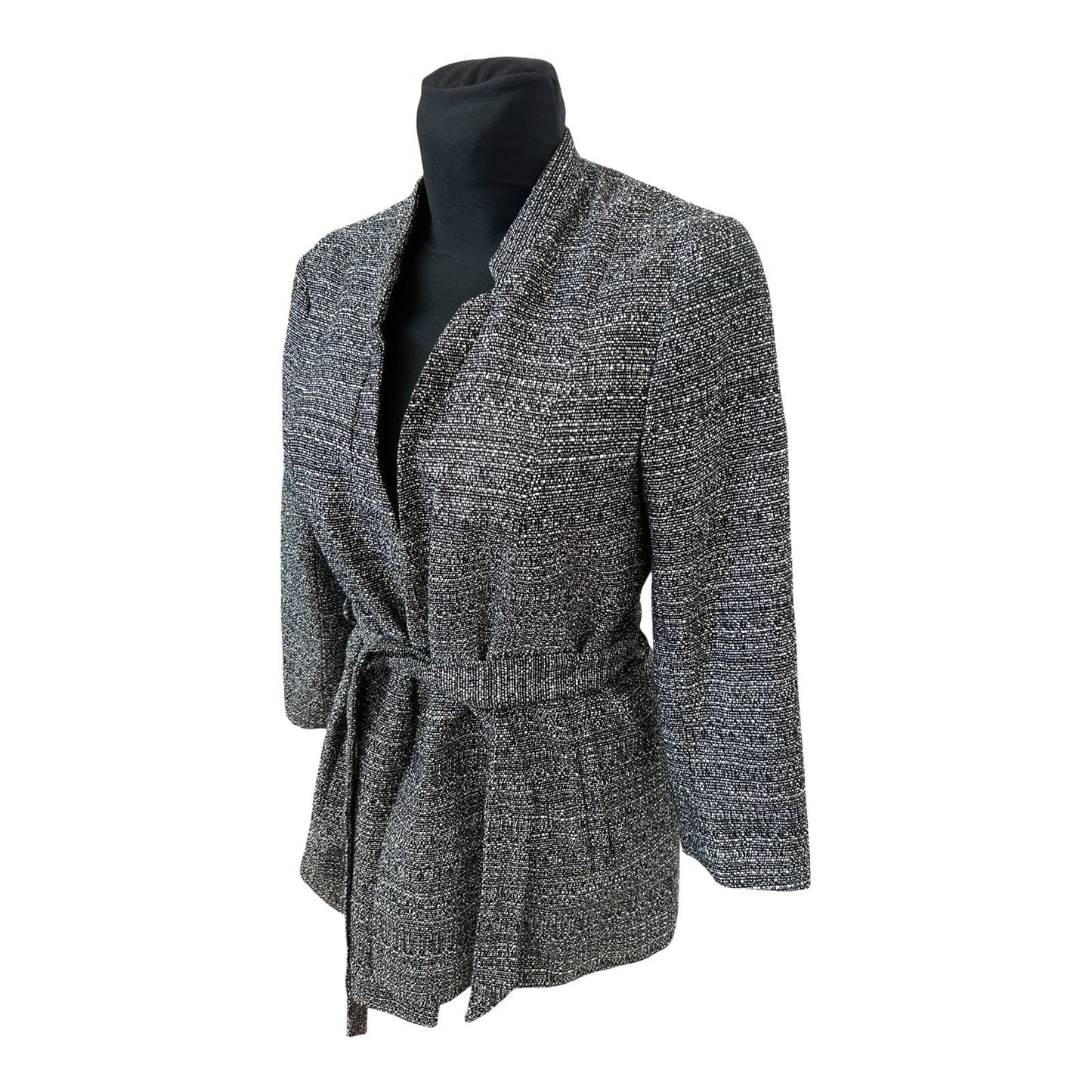 H&M Blazer Damen Gr 42 Schwarz Weiss meliert Gürtel 3/4-Arm Elegant Chic