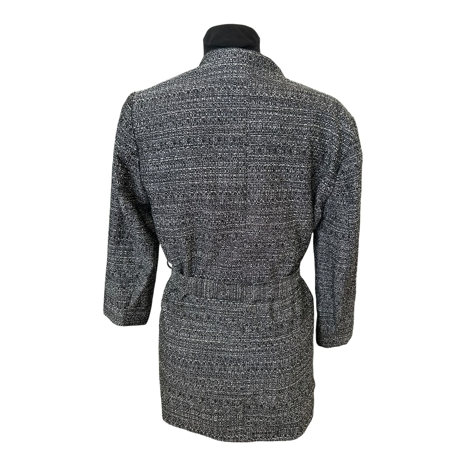 H&M Blazer Damen Gr 42 Schwarz Weiss meliert Gürtel 3/4-Arm Elegant Chic