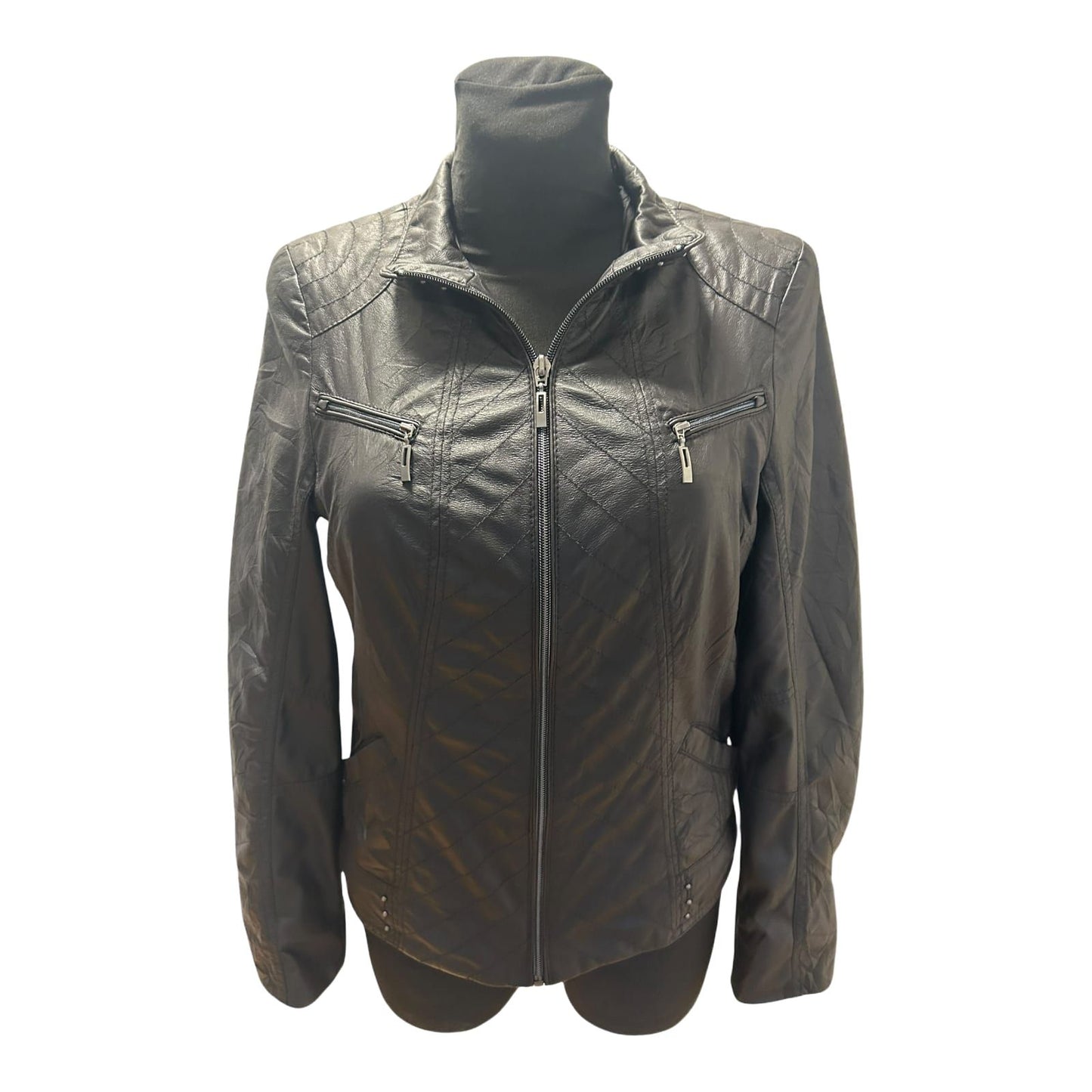 Bonita Jacke Damen Gr 36 Schwarz Kunstleder Biker Look Steppung Reißverschluss
